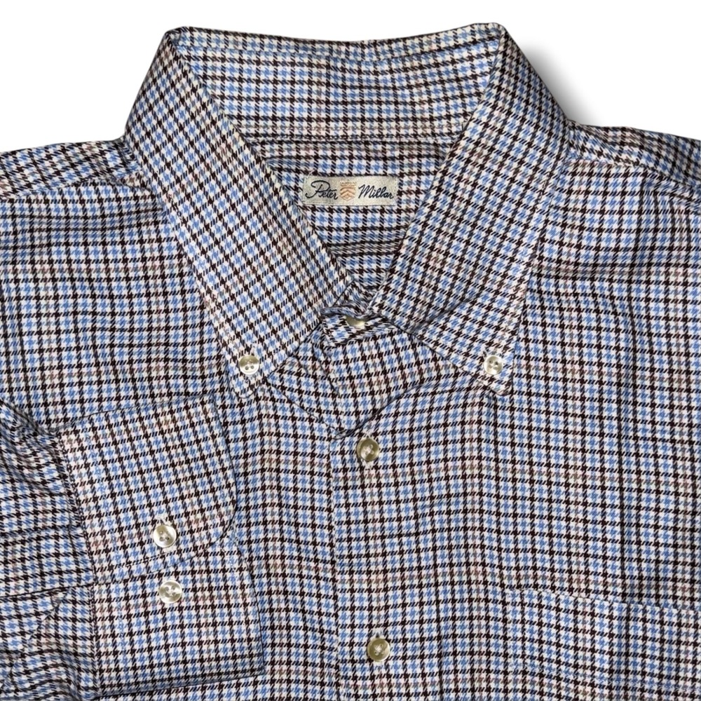 Peter Millar Mens Blue Brown Houndstooth Cotton Button Down Shirt XL Long Sleeve